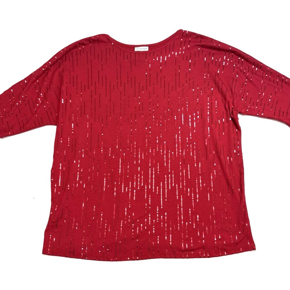 Catherines Red Sequin Front Elbow Length Dolman Sleeve Knit Top Size 0X 14W/16W